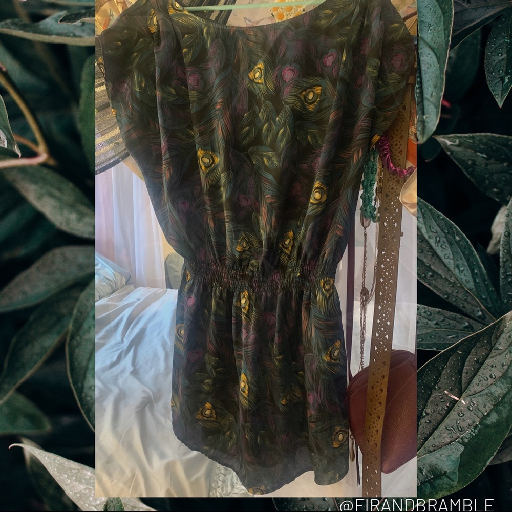 Slouchy peacock feather mini dress